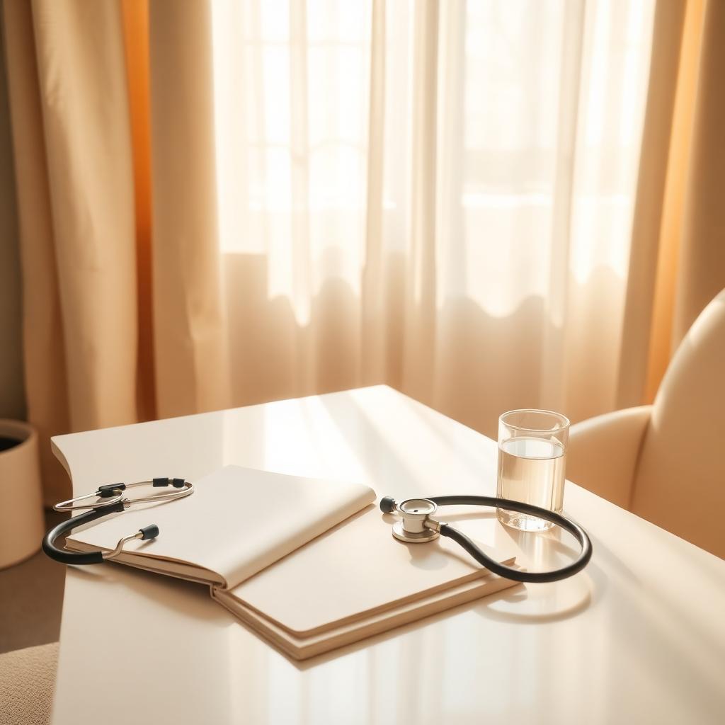 A calm private clinic desk with stethoscope, notebook and morning light