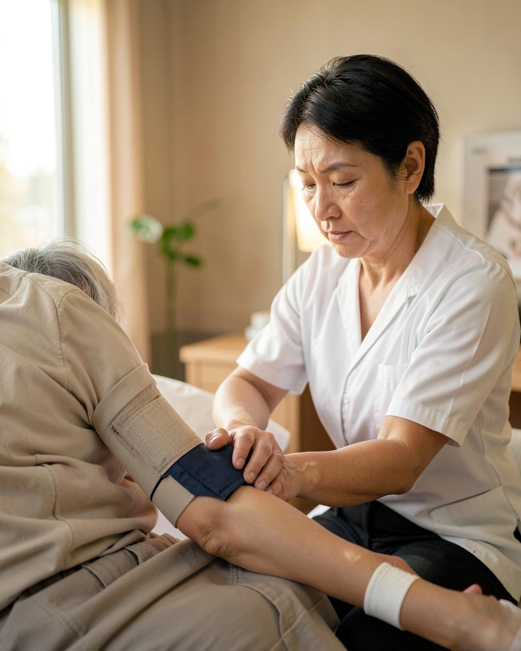 Clinician applying a blood pressure cuff to a patient's arm