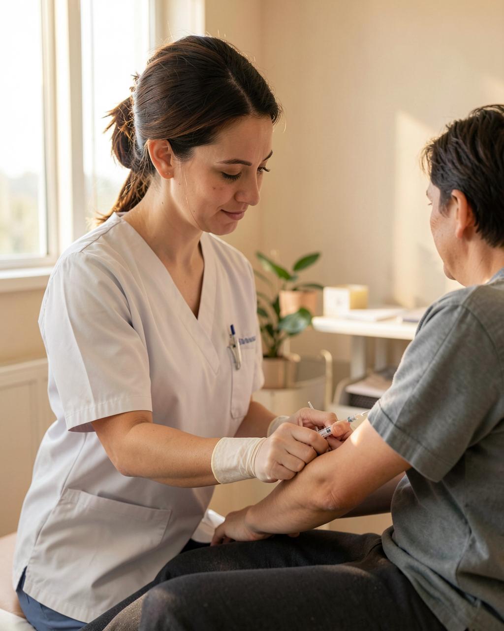 Nurse taking a blood sample in a warm private clinic