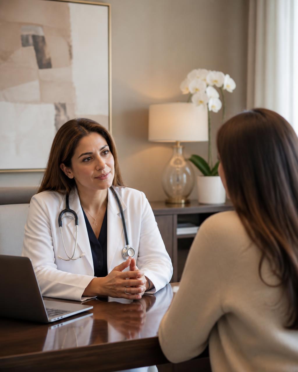 GP in a warm, reassuring consultation with a patient