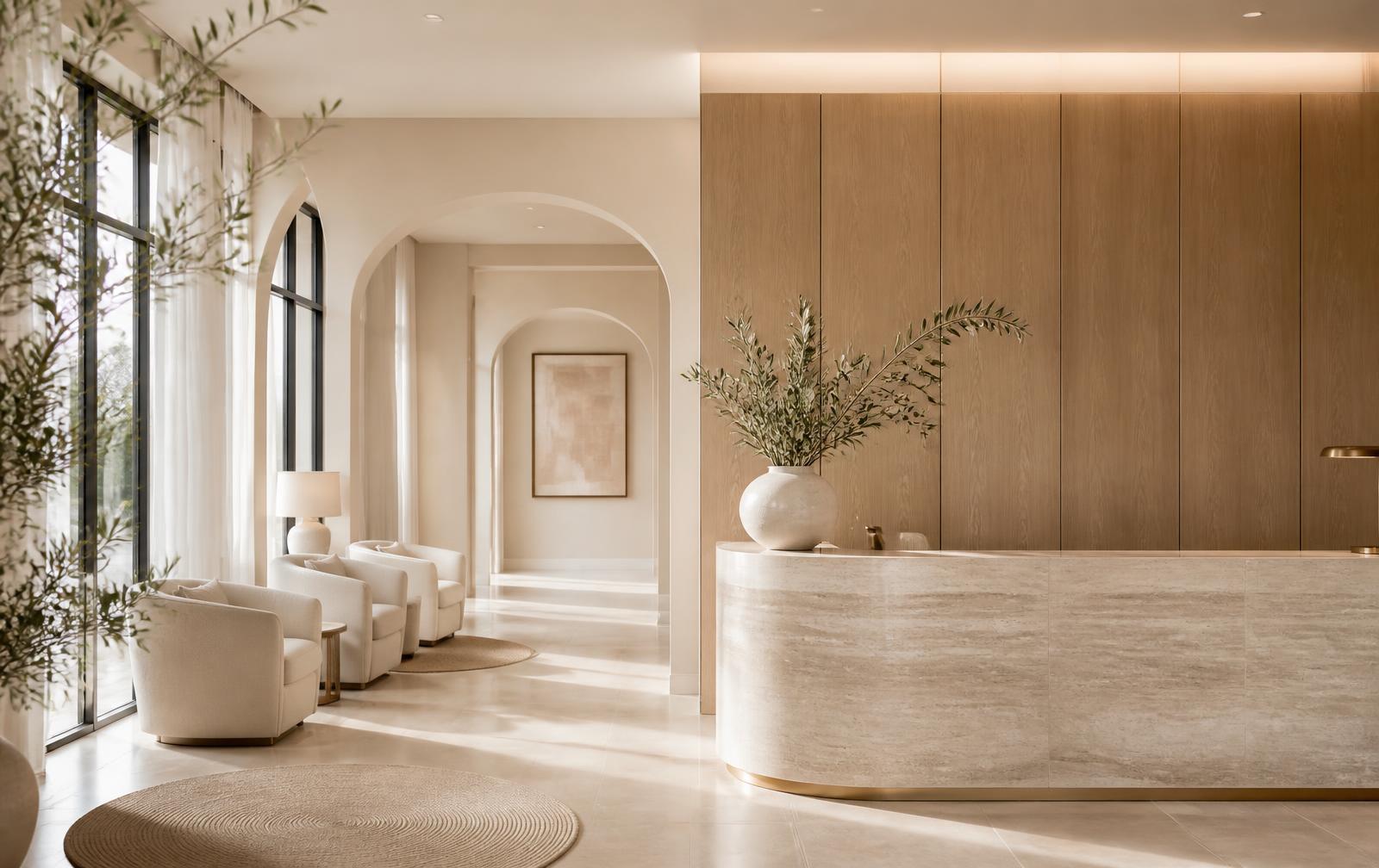 The warm, naturally lit reception of The Doctor's Lounge clinic