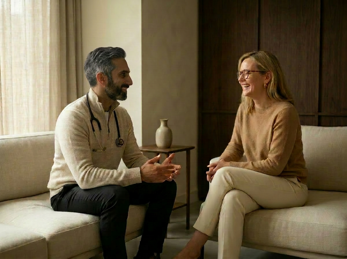 Doctor holding a stethoscope on cream linen beside a cup of tea