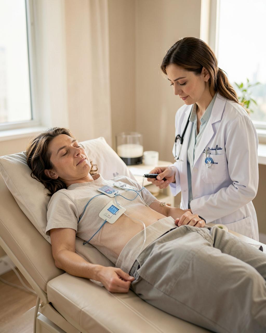 Patient having an ECG in a calm private clinic room