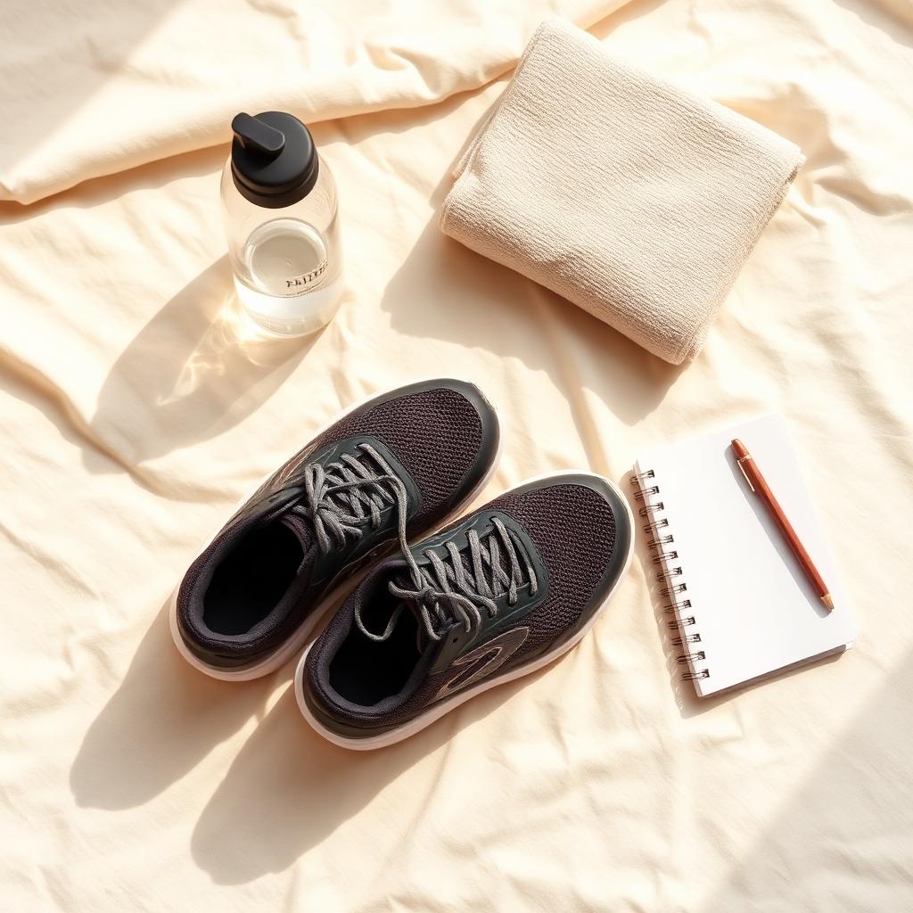 Running shoes, water bottle and notebook laid out on linen