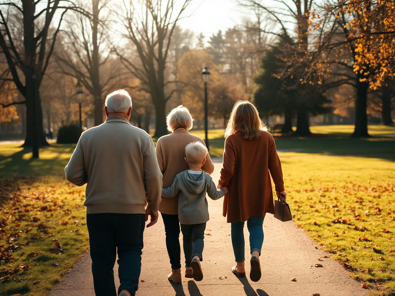 A multi-generational family walking together in an English park