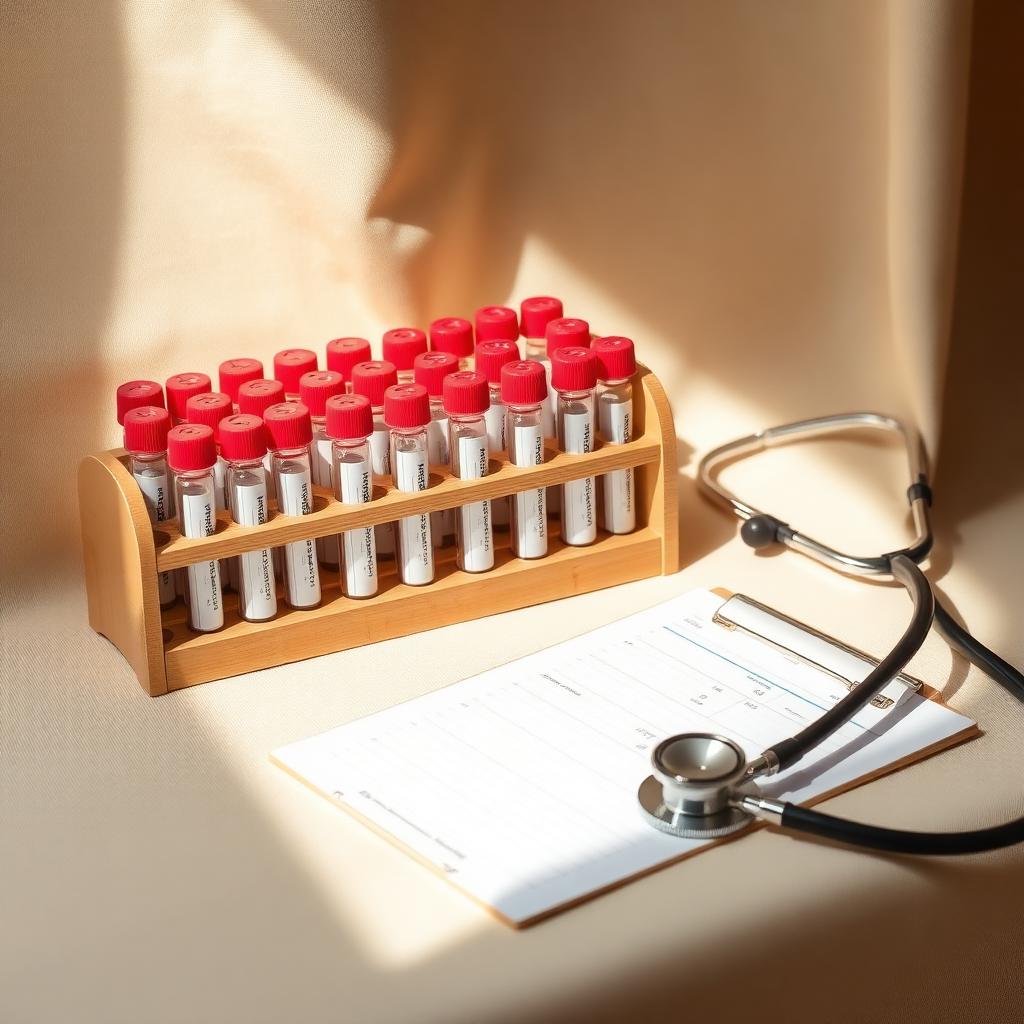 Blood-test vials, clipboard and stethoscope in warm light