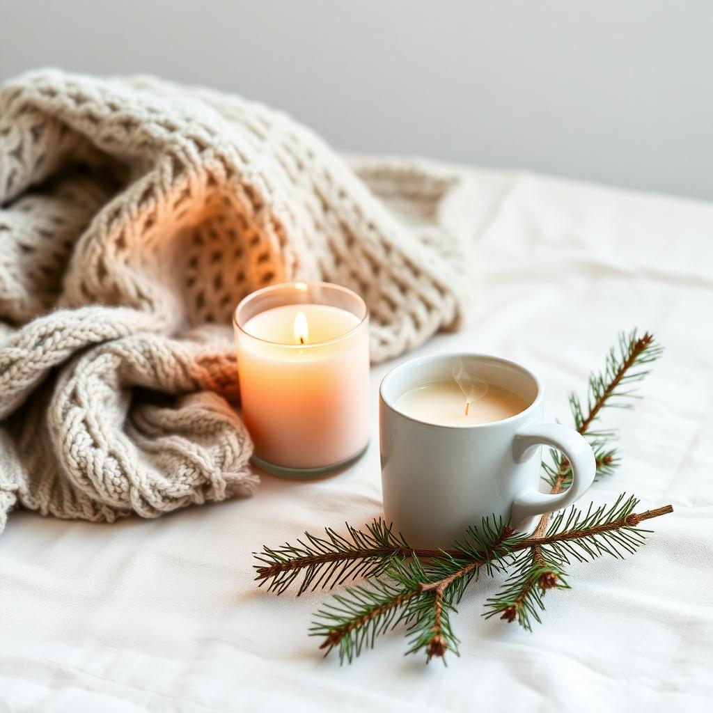 Cosy winter still life with candle, mug and pine sprigs
