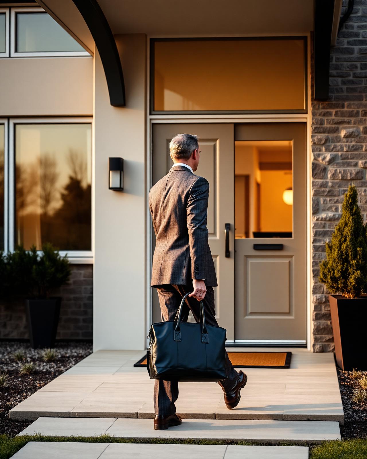A private GP arriving at a modern English home with a leather doctor's bag