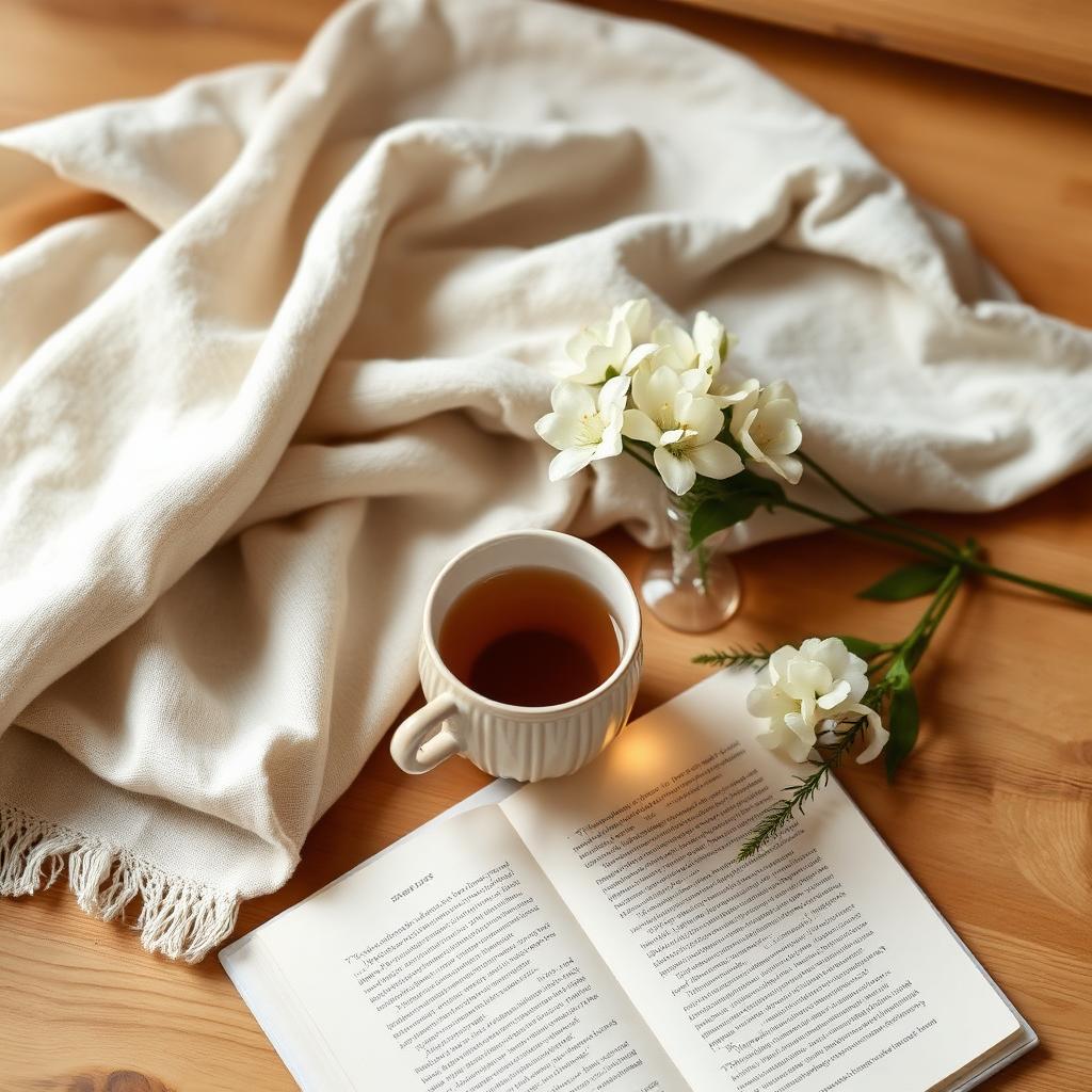 Warm still life of linen, herbal tea, flowers and a journal