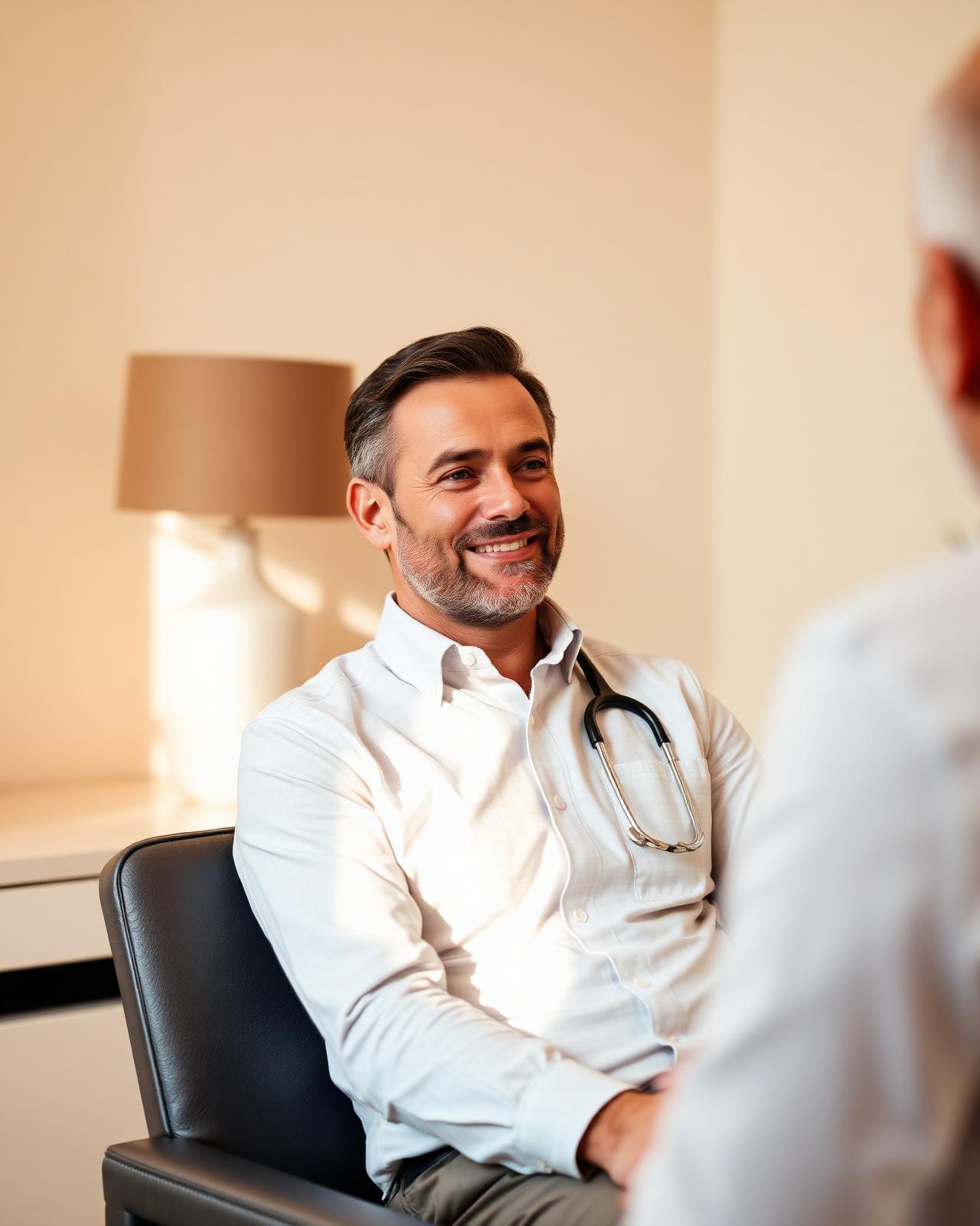 A confident man in conversation with a doctor in a calm, premium consulting room
