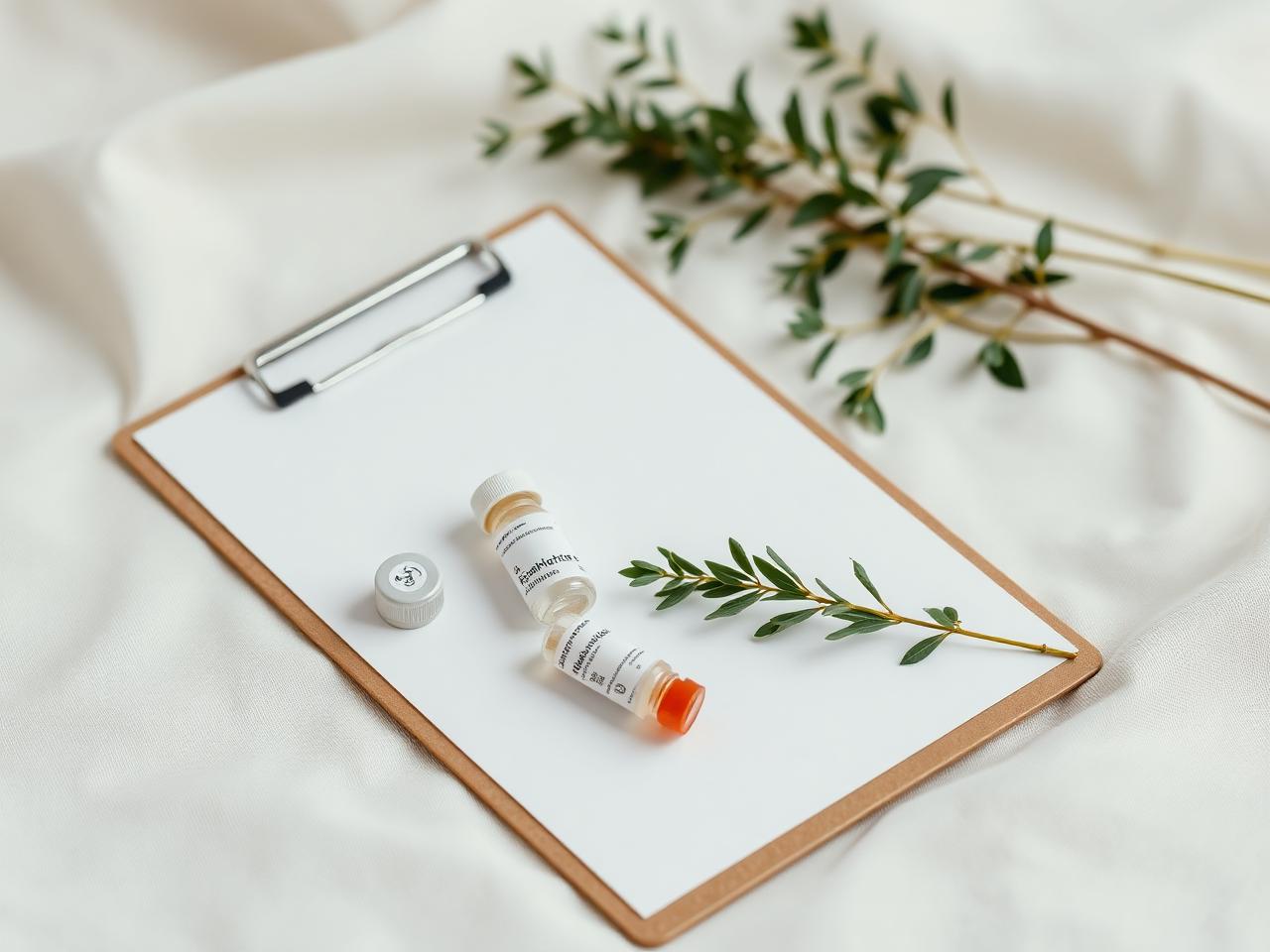Lab vials and a clipboard arranged on cream linen with greenery