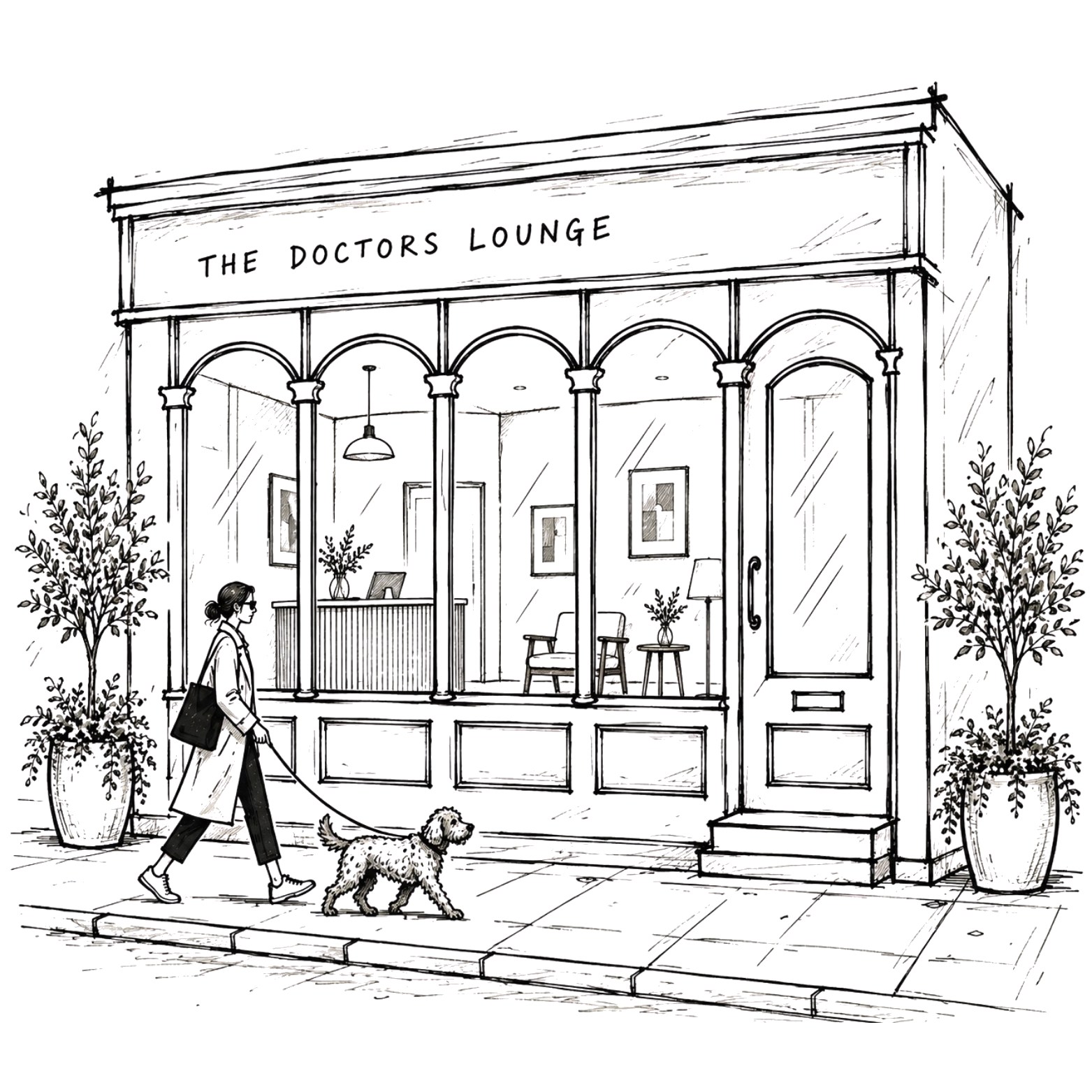 Line drawing illustration of The Doctor's Lounge clinic shop front