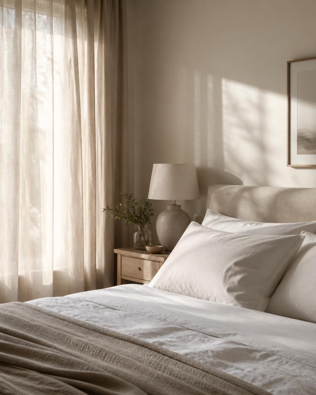 Calm, peaceful bedroom in soft morning light suggesting restful sleep