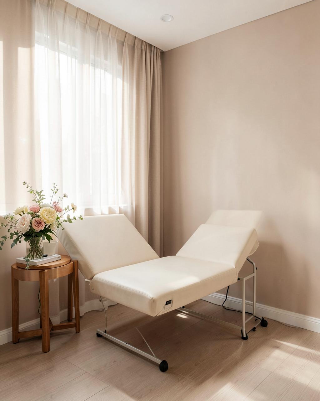 Calm, private clinical consultation room with fresh flowers
