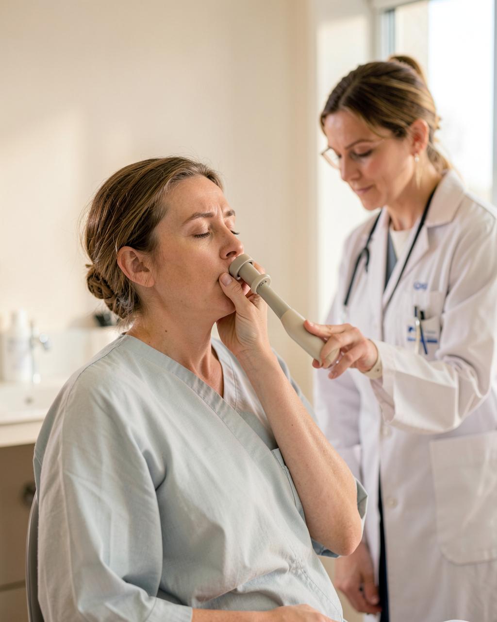 Patient breathing into a spirometer during a lung function test