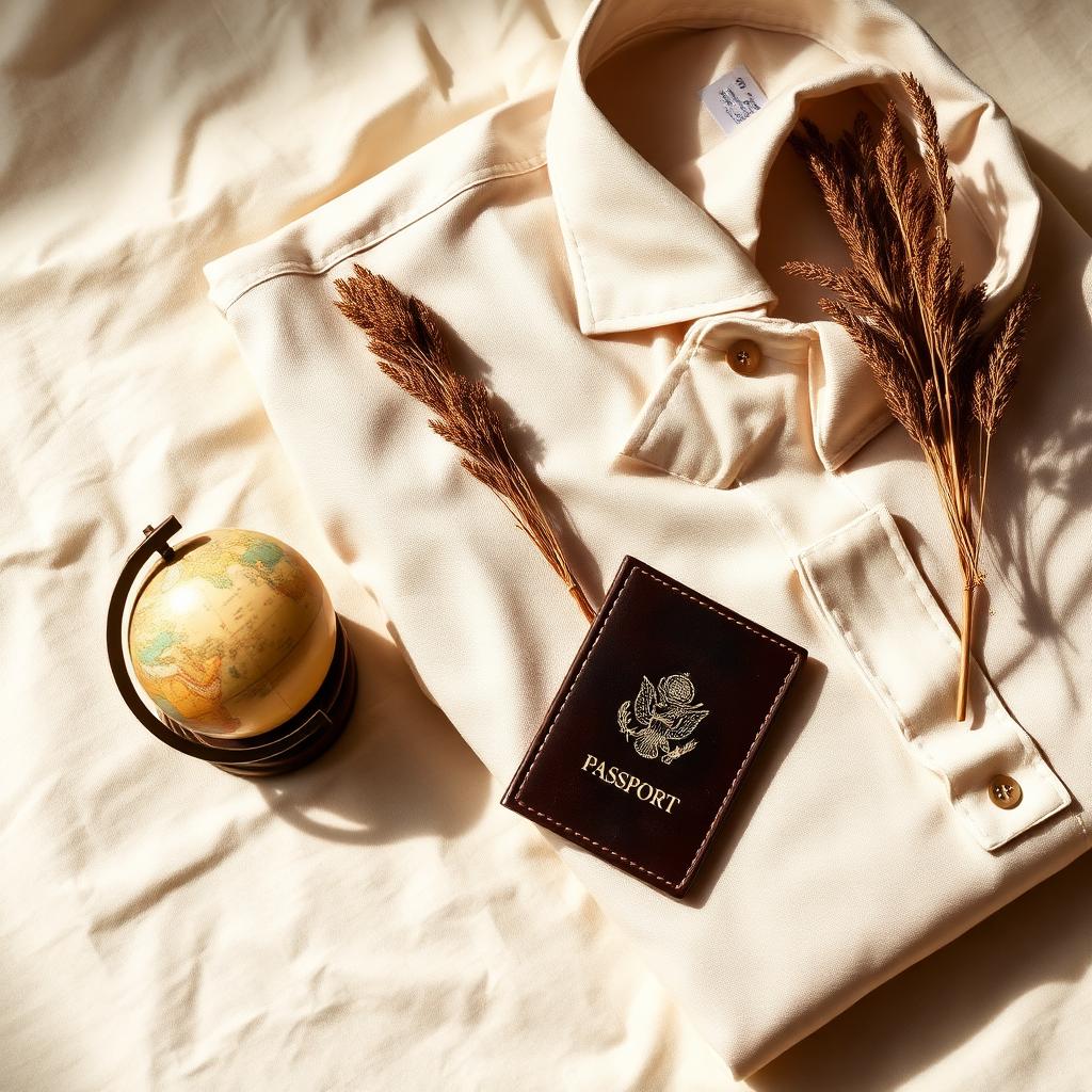 Warm travel flat lay with passport, linen shirt and small globe