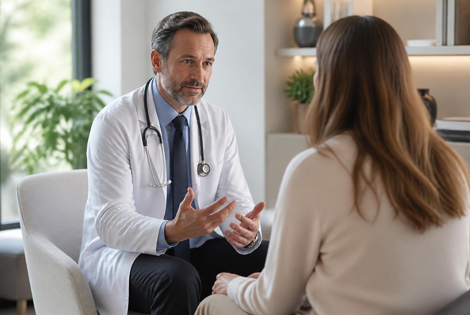 A doctor speaking with a patient in a calm, modern consulting room — representing The Doctor's Lounge doctor-led weight management programme