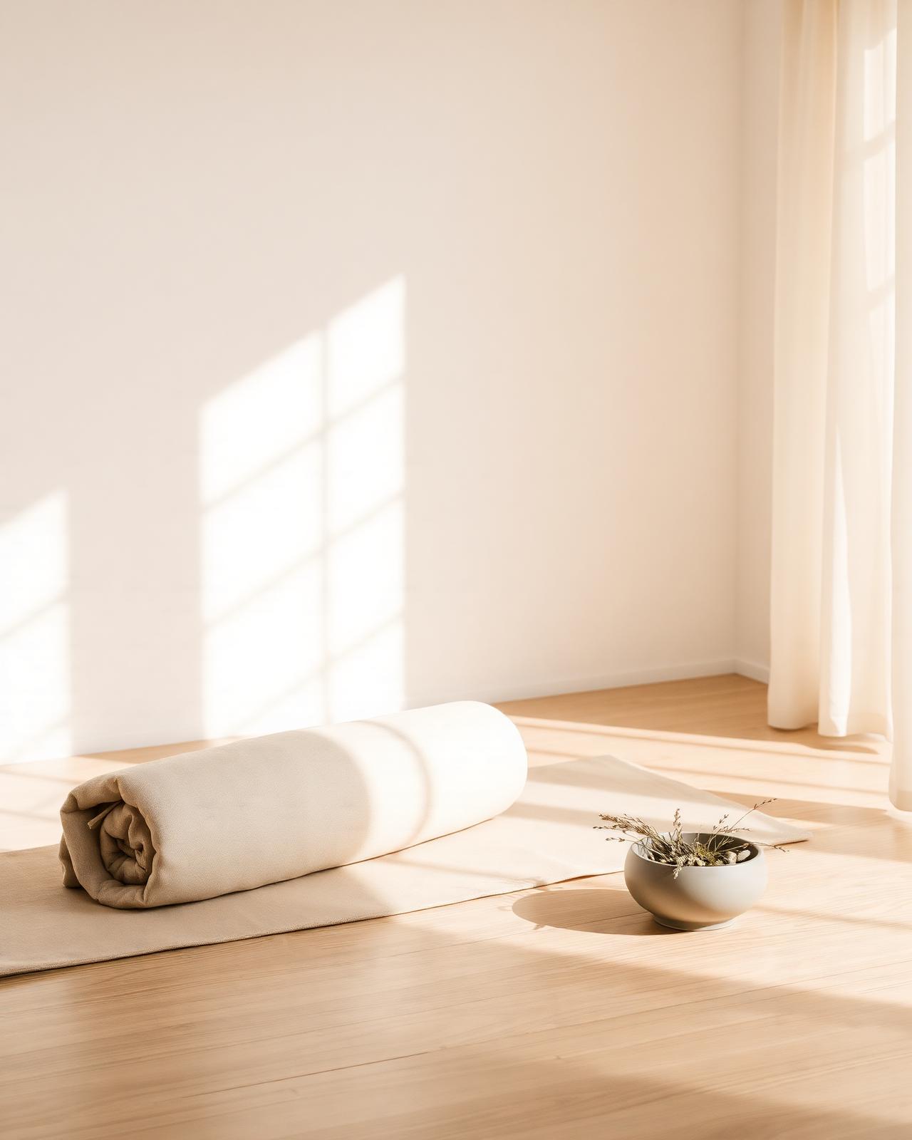 A calm wellness studio with soft natural light, linen bolster and botanicals
